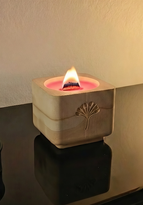 Bougie parfumée Ginkgo en Jesmonite avec mèche en bois